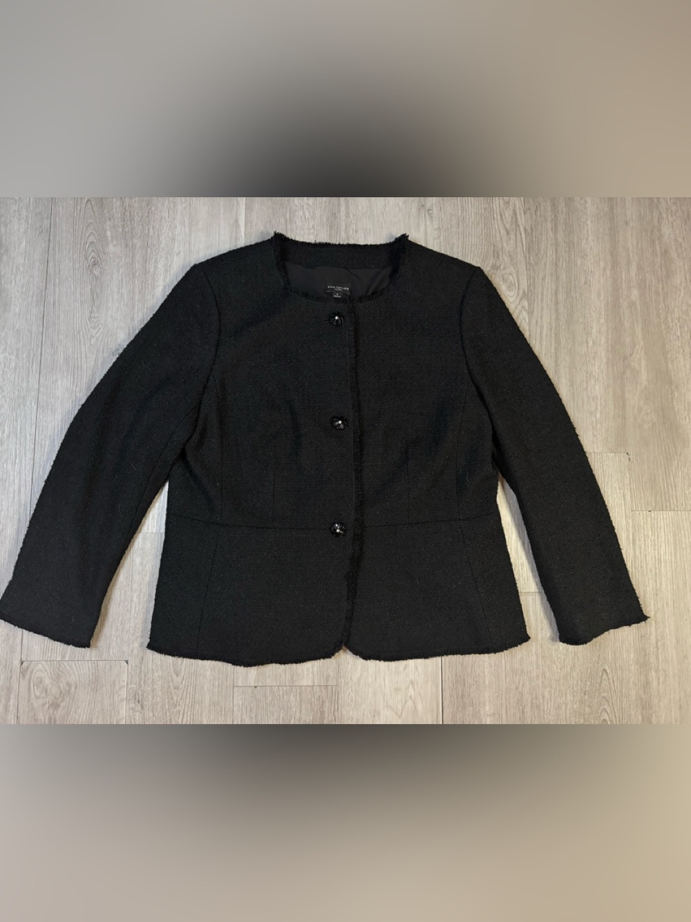 Ann Taylor Factory Black Tweed Collarless 3-Button Lined Blazer Jacket size 14.